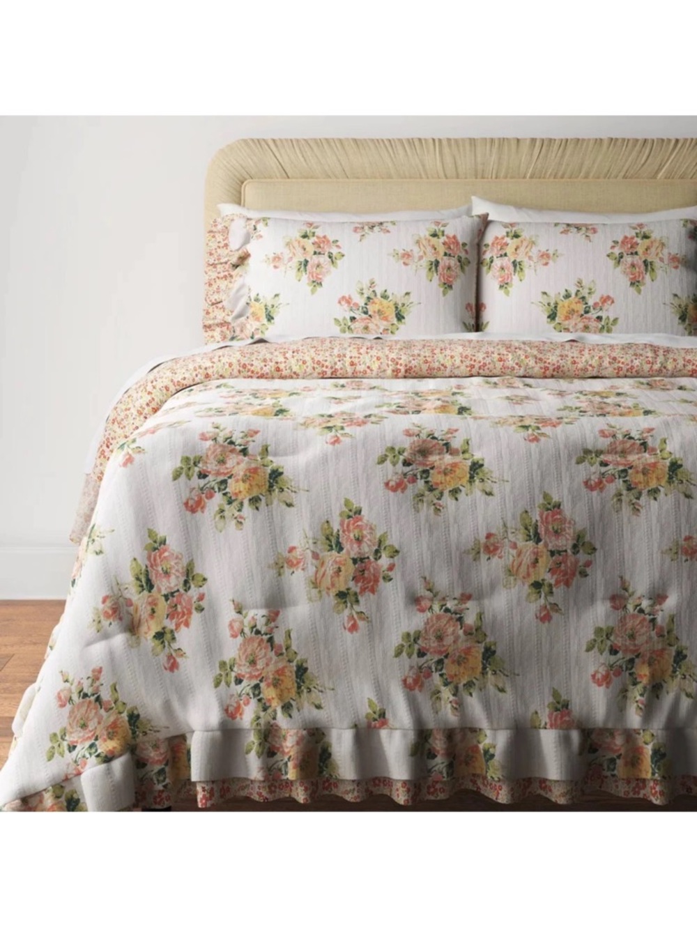 3pc Printed Floral Double Ruffle Comforter Bedding Set